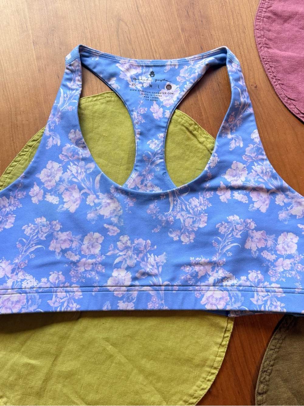 Spiritual Gangster Blue Floral Racerback Sports Bra with Pink Flowers